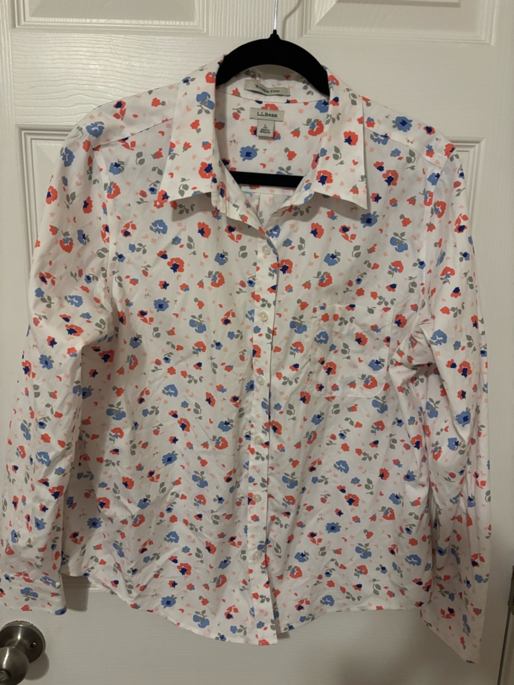 L.L. Bean White Button-Down Shirt with Blue and Coral Floral Print 100% Cotton